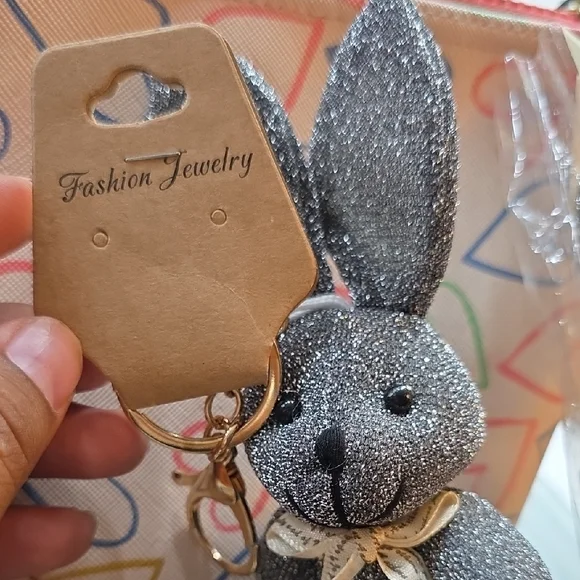Glitter Bunny Keychain with Black Pom Pom - Picture 2 of 6